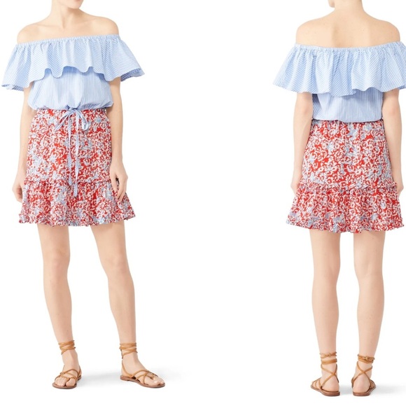RTR Paloma Blue Alexa 100% Silk Red,‎ White & Blue Floral Tiered Mini Skirt Sz M - Picture 1 of 7
